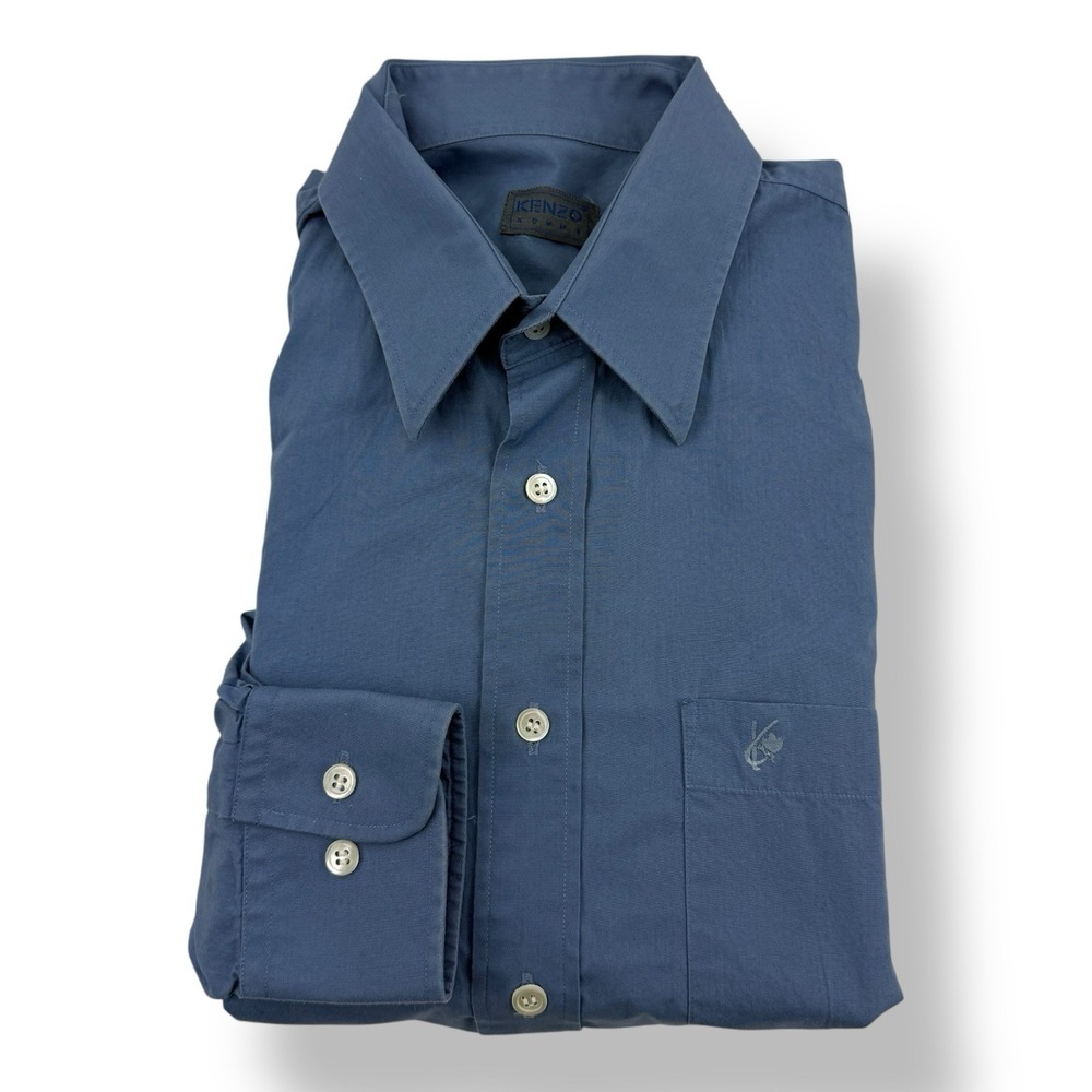 Kenzo Homme Blue Long Sleeve‎ Cotton Button-Up Shirt Medium Embroidered Logo